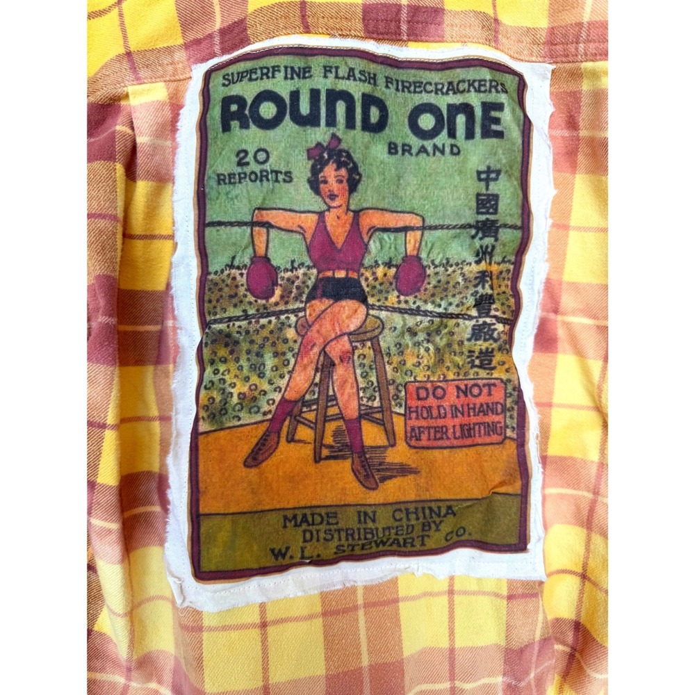 Upcycled‎ Yellow Plaid Flannel Boxer Girl Patch Folk Art Shirt